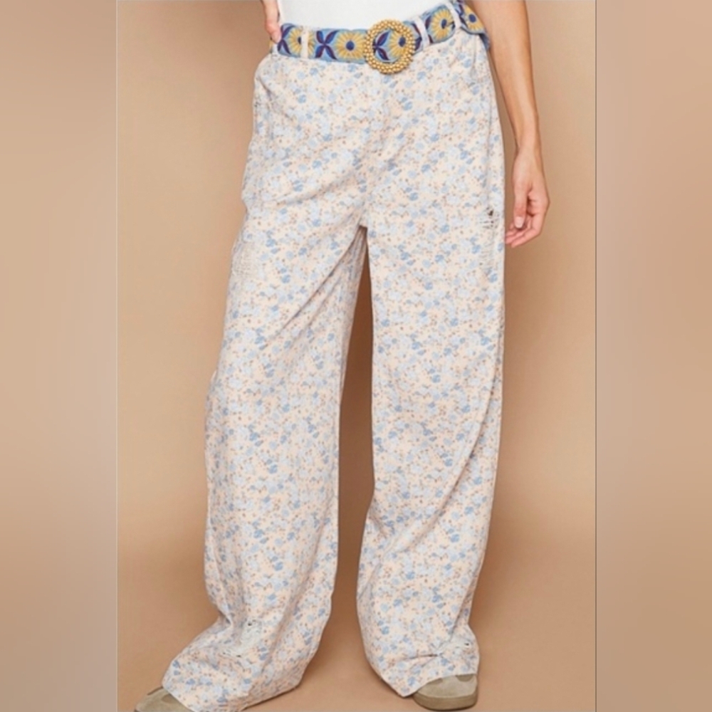 POL Floral Print Twill Distressed Wide-leg Denim Pants | Size M